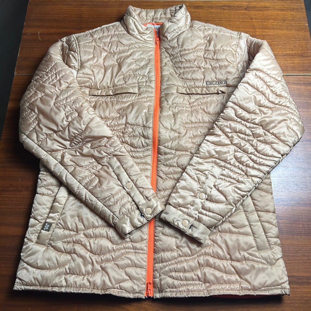 King Ranch Camo Puff Jacket Mens XL Tan Quilted Full Zip Orange Lining RN142186